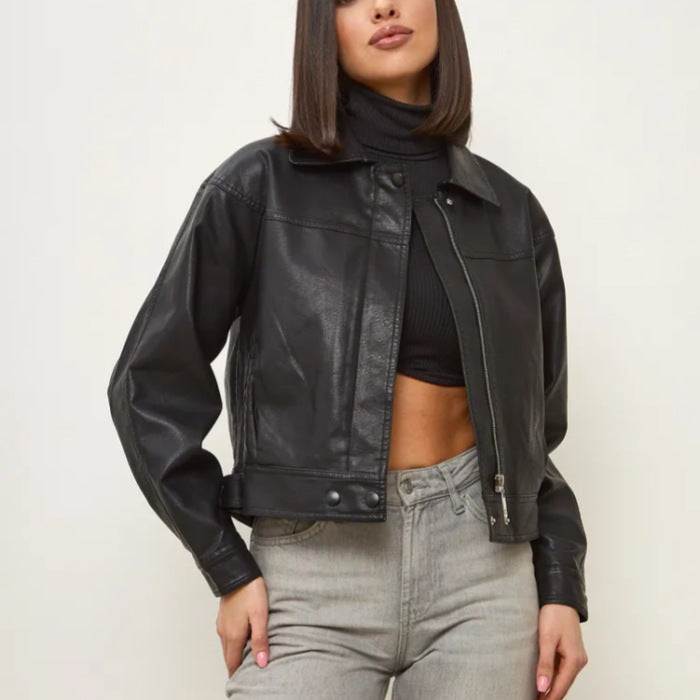 Damen modische cropped Kunstlederjacke mit eleganten Details Drune