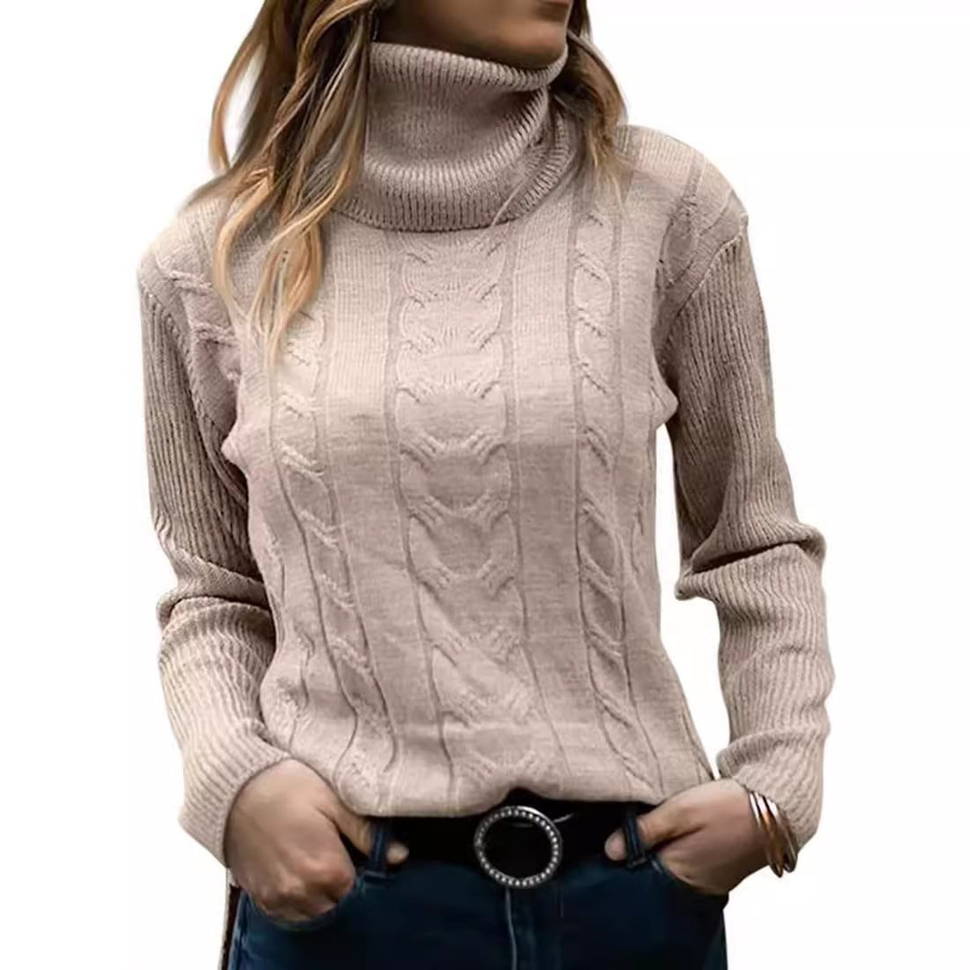 Damen Strickpullover mit hohem Kragen und strukturiertem Zopfmuster Drune