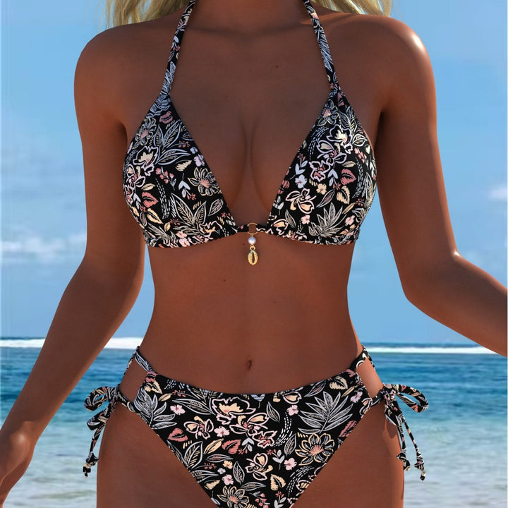 Damen Triangel-Bikini mit verspieltem Floral-Design und verstellbaren Bindebändern Drune