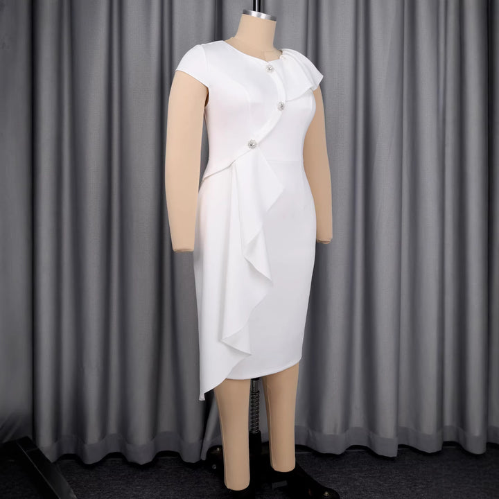 Damen elegantes Wickelkleid mit Rüschenkante und funkelnden Knopfdetails Drune