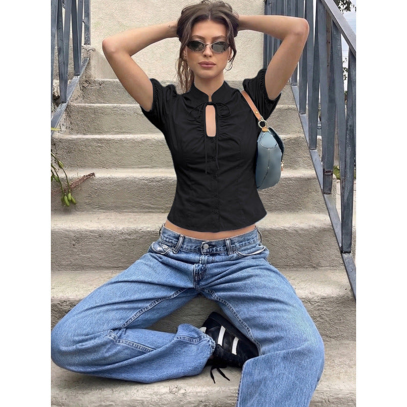 Damen Bluse mit Rüschendetails und dekorativer Schleife Drune