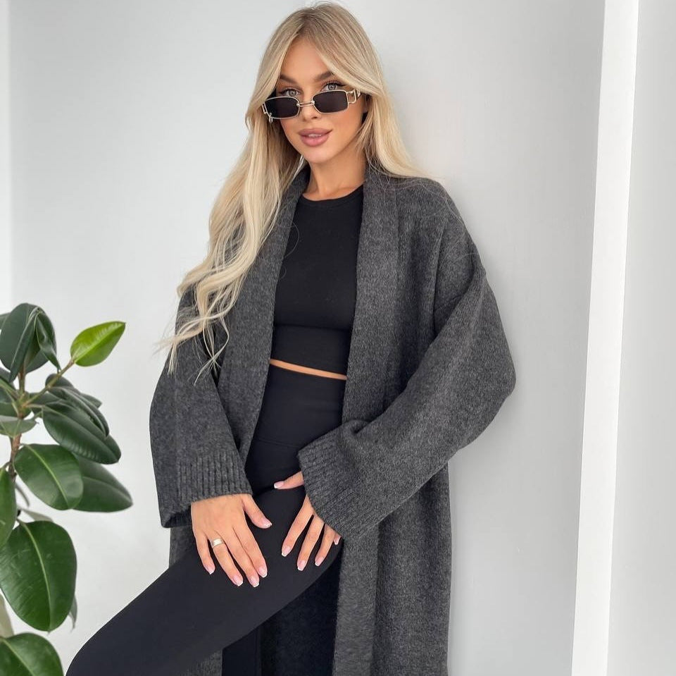 Damen Lange Strickjacke mit tiefem Kragen Drune