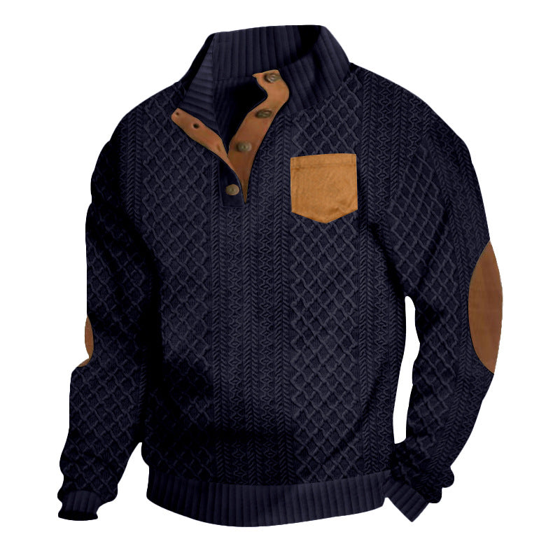 Herren nan Zopfmuster-Strickpullover mit Stehkragen Knopfleiste aufgesetzter Brusttasche und Lederoptik-Ellenbogenpatches Drune