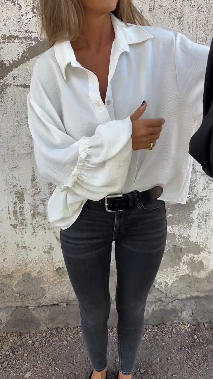 Damen lässige Hemdbluse mit Volantärmeln Drune