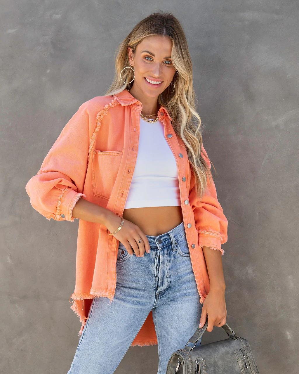 Damen Oversized Denim-Hemdjacke mit fransigem Detail Drune