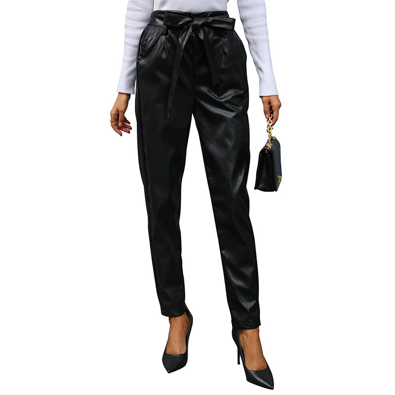 Damen kunstleder Jogginghose mit eleganter Schleifenbindung Drune