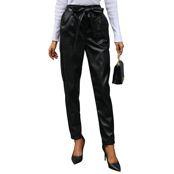 Damen kunstleder Jogginghose mit eleganter Schleifenbindung Drune
