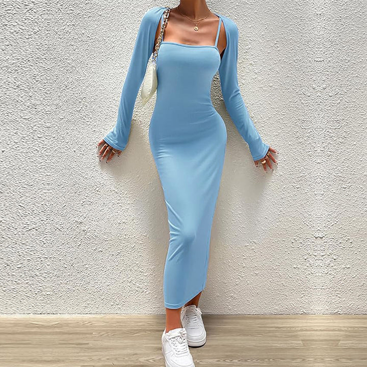 Damen Langärmliges Maxikleid mit schickem quadratischen Ausschnitt und figurformendem Schnitt Drune