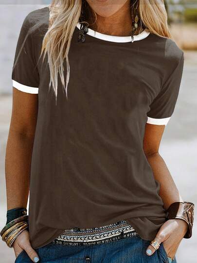 Damen lässiges T-Shirt mit kontrastierendem Rundhalsausschnitt und bequemer Passform Drune