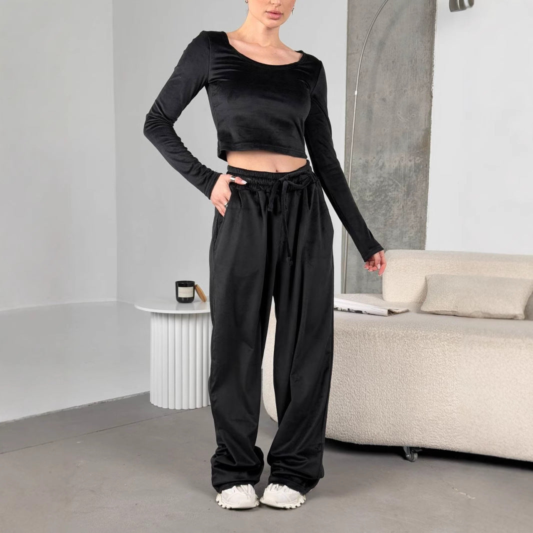 Damen trendiger Cropped-Langarmshirt- und Jogginghose-Set Drune