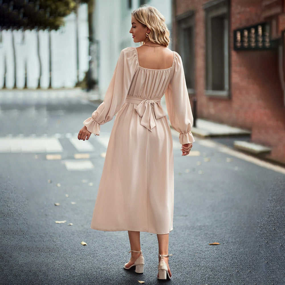 Damen Midi-Kleid mit eleganter Drapierung und langen Puffärmeln Drune