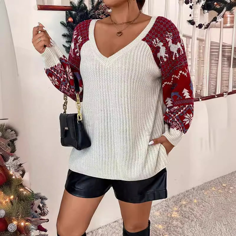 Damen V-Ausschnitt Strickpullover mit festlichem Muster und lässigen Ballonärmeln Drune