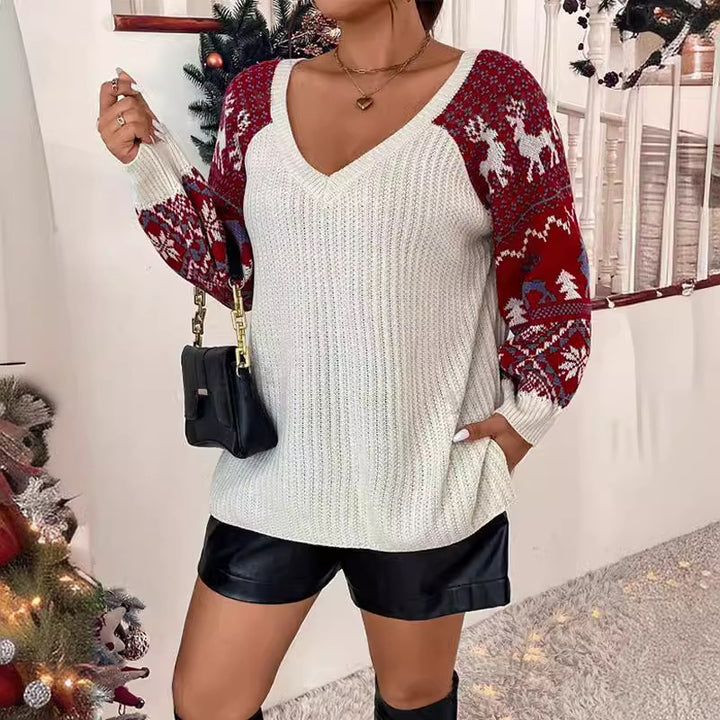 Damen V-Ausschnitt Strickpullover mit festlichem Muster und lässigen Ballonärmeln Drune