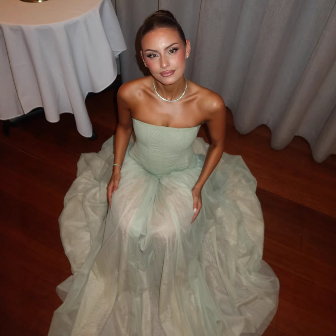 Damen Strapless Maxikleid mit elegantem Tüllrock und figurbetontem Oberteil Drune