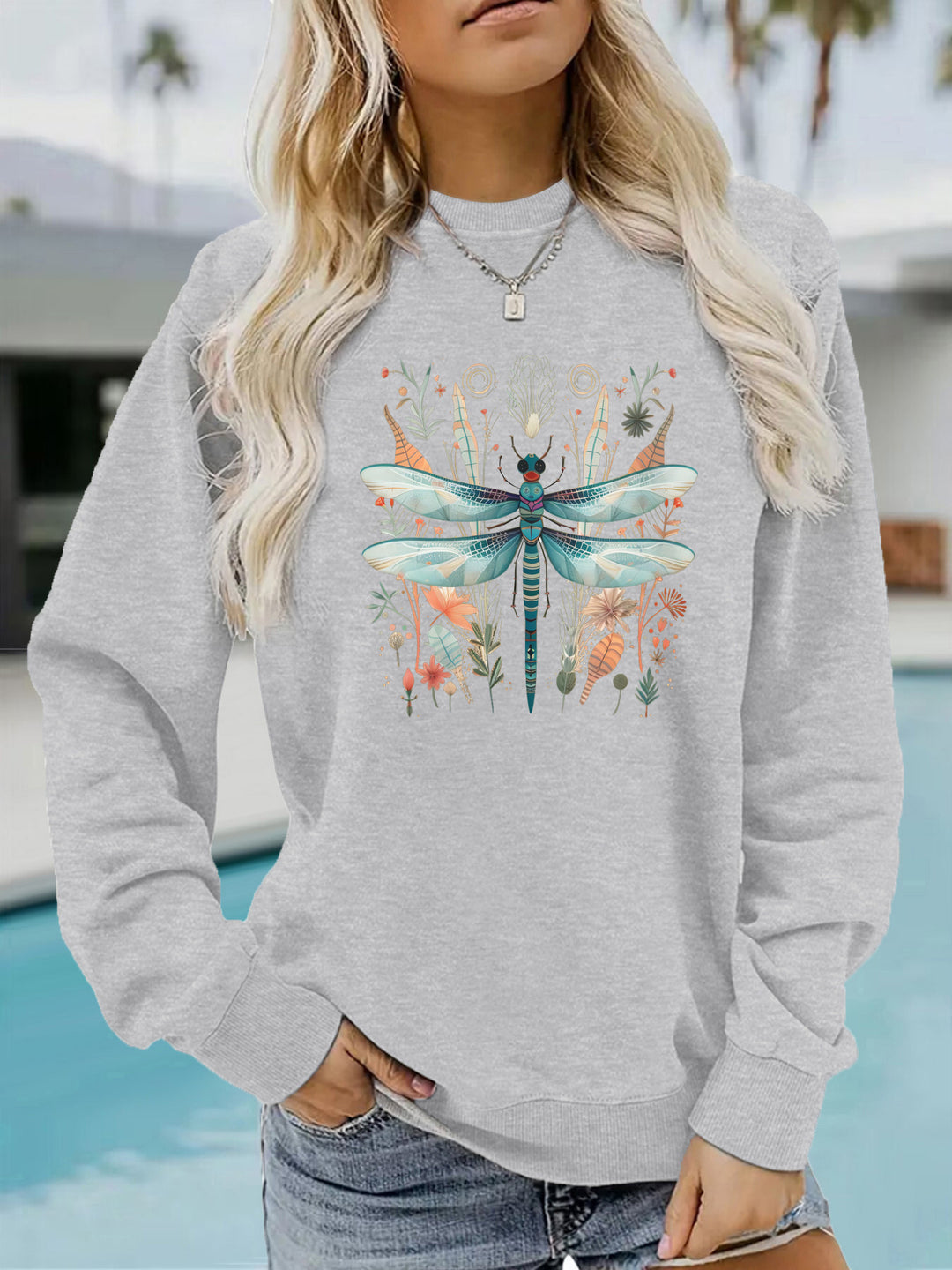 Damen Sweatshirt mit einzigartigem Libellen-Print und botanischem Design Drune
