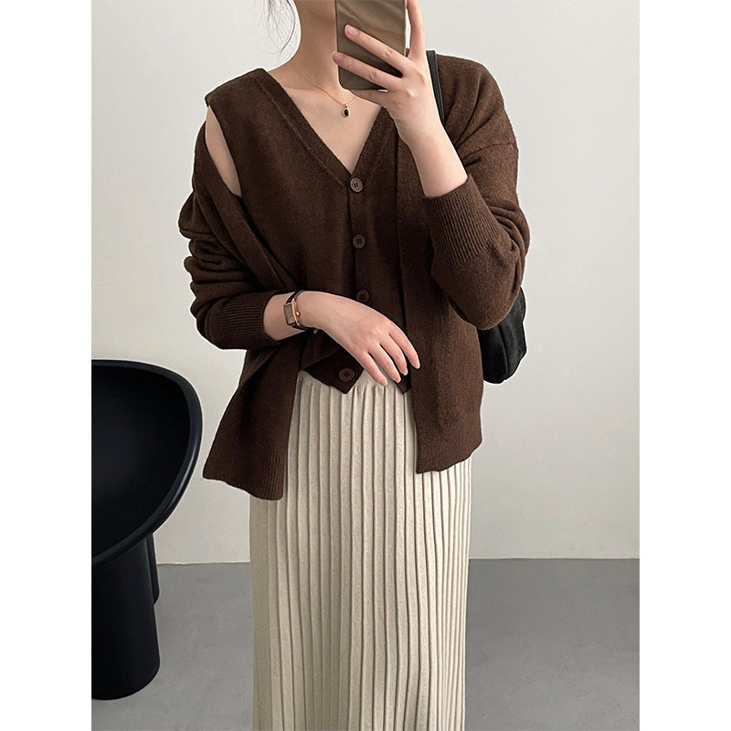 Damen gestrickte Cardigan mit V-Ausschnitt und Knopfdetails Drune