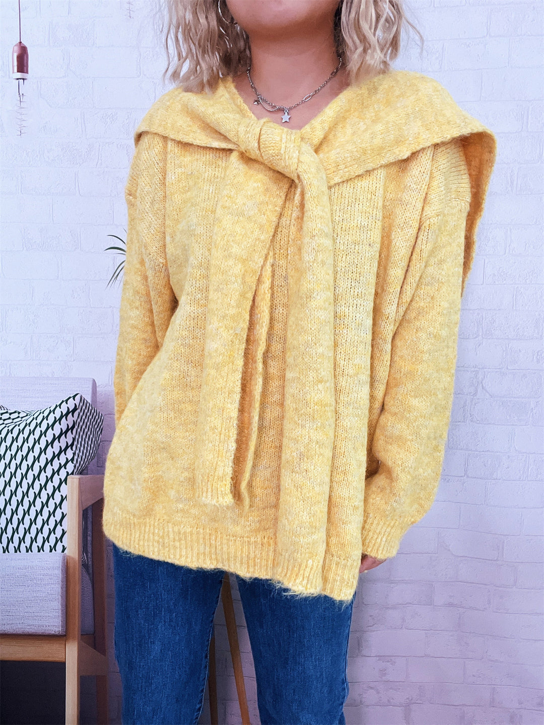 Damen lässiger Strickpullover mit abnehmbarer Kapuze und Knopfdetails Drune