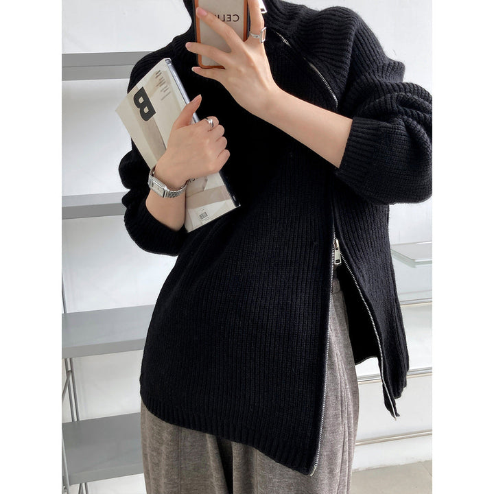 Drune | Strickpullover Wollmischung Übergröße Passform Hoher Kragen Reißverschlussdetail