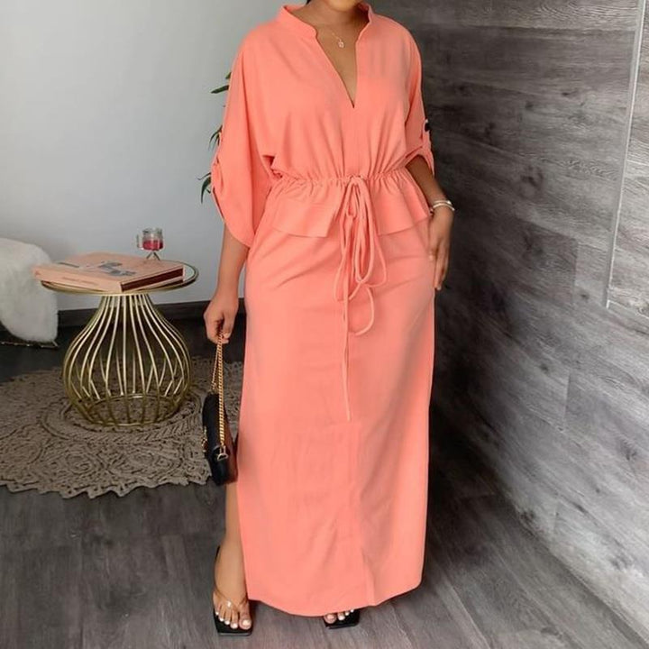 Damen Lässiges Maxikleid mit Gürtel und weiten Ärmeln Drune