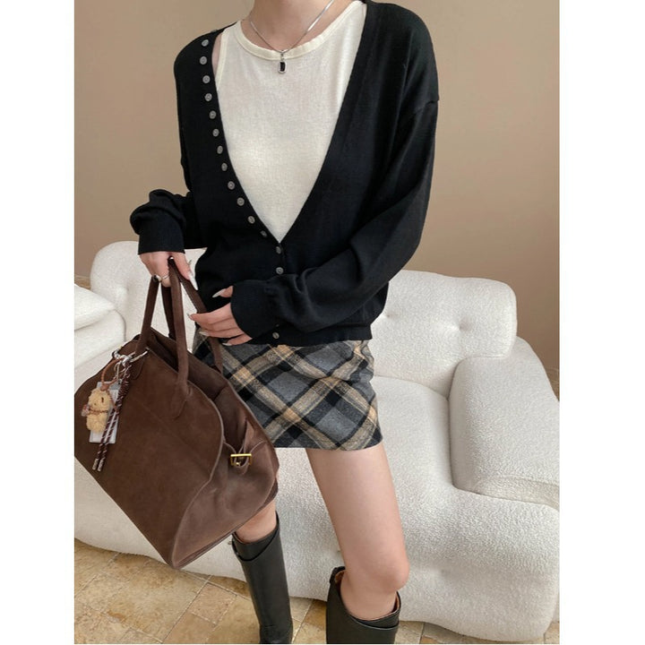 Damen lässiger Langarm-Cardigan mit Knopfleiste Drune