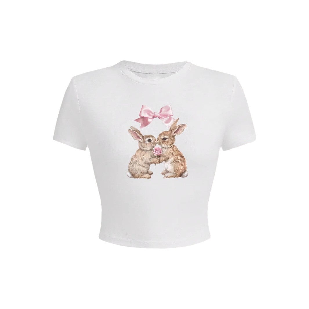 Damen Crop-Top mit entzückendem Kaninchenmotiv und Schleifendruck Drune