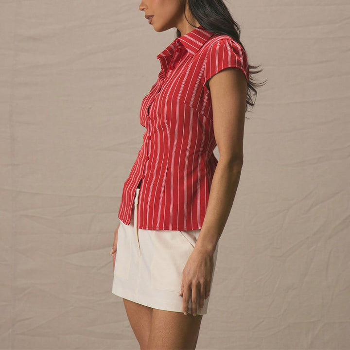 Damen Kurzarm Bluse mit Streifen und klassischen Knopfleisten Drune