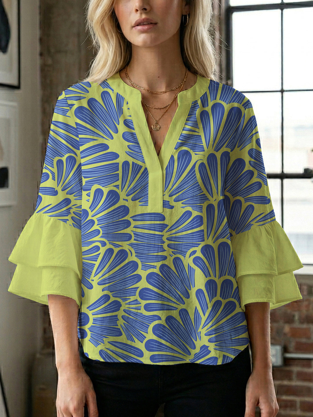 Damen elegantes Blusenshirt mit voluminösen Rüsenärmeln und grafischem Blumendesign Drune