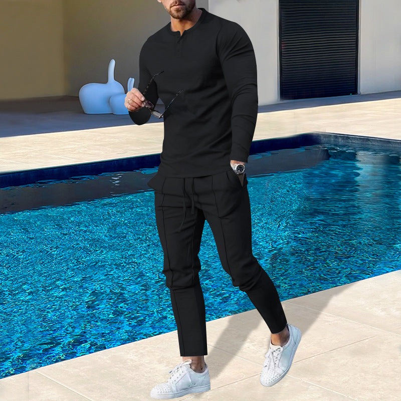 Herren nan athletisches Henley-Langarmshirt und schmal zulaufende Jogginghose mit Ziernähten Drune