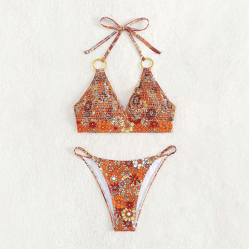Damen Triangel-Bikini mit floralem Muster und goldenen Ringdetails Drune