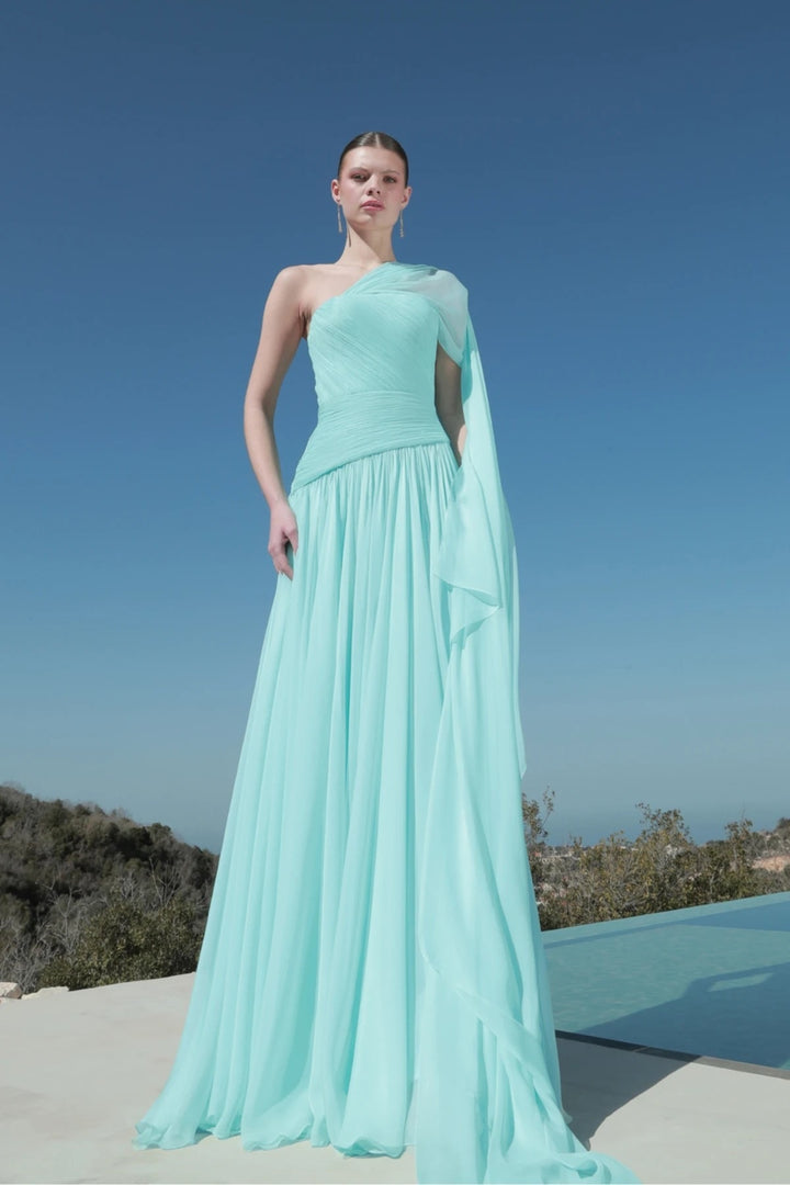 Damen Maxi-Kleid mit asymmetrischem Ausschnitt und fließendem Stoff Drune