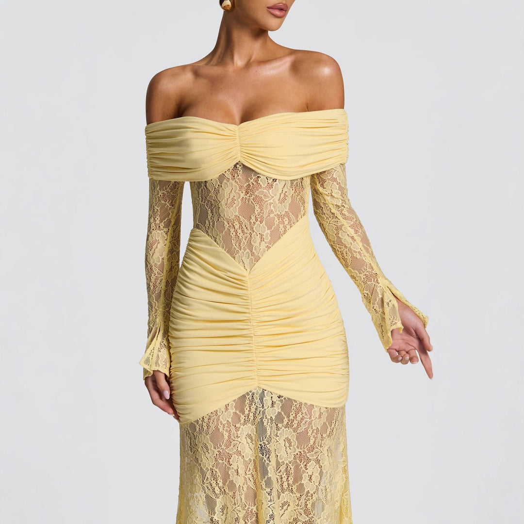 Damen elegantes Spitzenkleid mit Off-Shoulder-Ausschnitt und Raffungen Drune