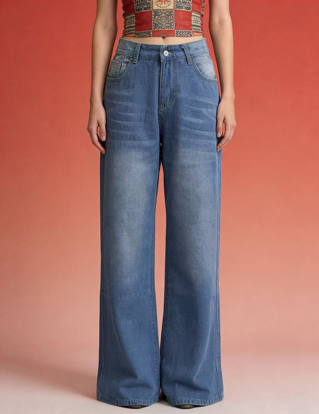 Damen weite Denim-Hose mit Vintage-Waschung und hoch geschnittenem Bund Drune