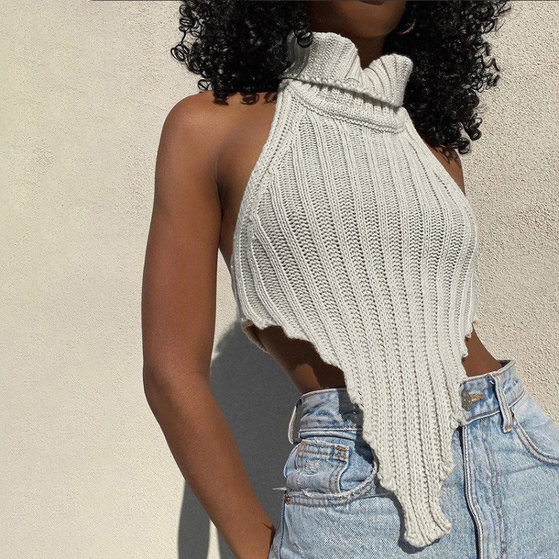 Damen cropped Stricktop mit hohem Kragen Drune