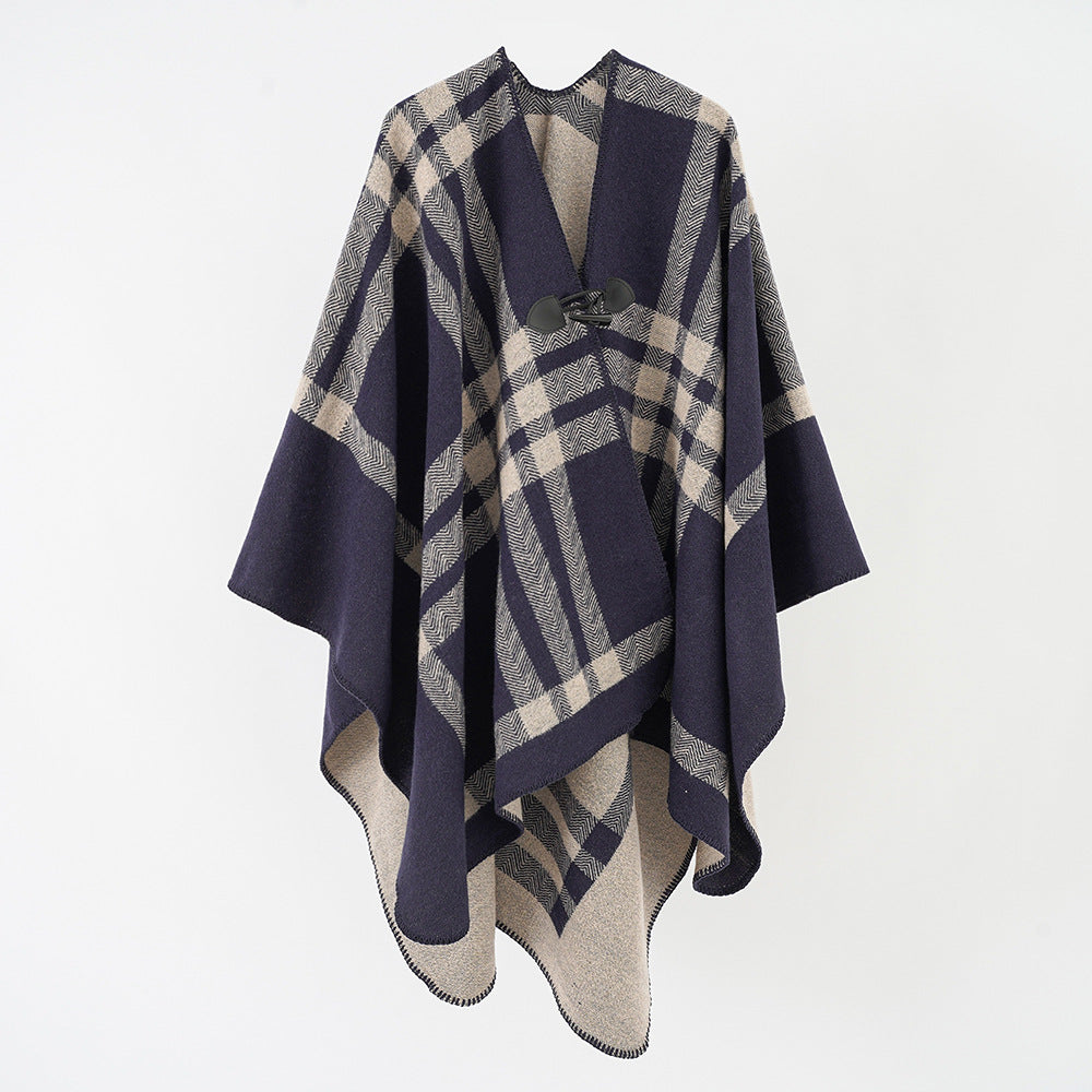 Damen Luxuriöser Geometrischer Poncho aus weichem Material mit dezenter Knopfverzierung Drune