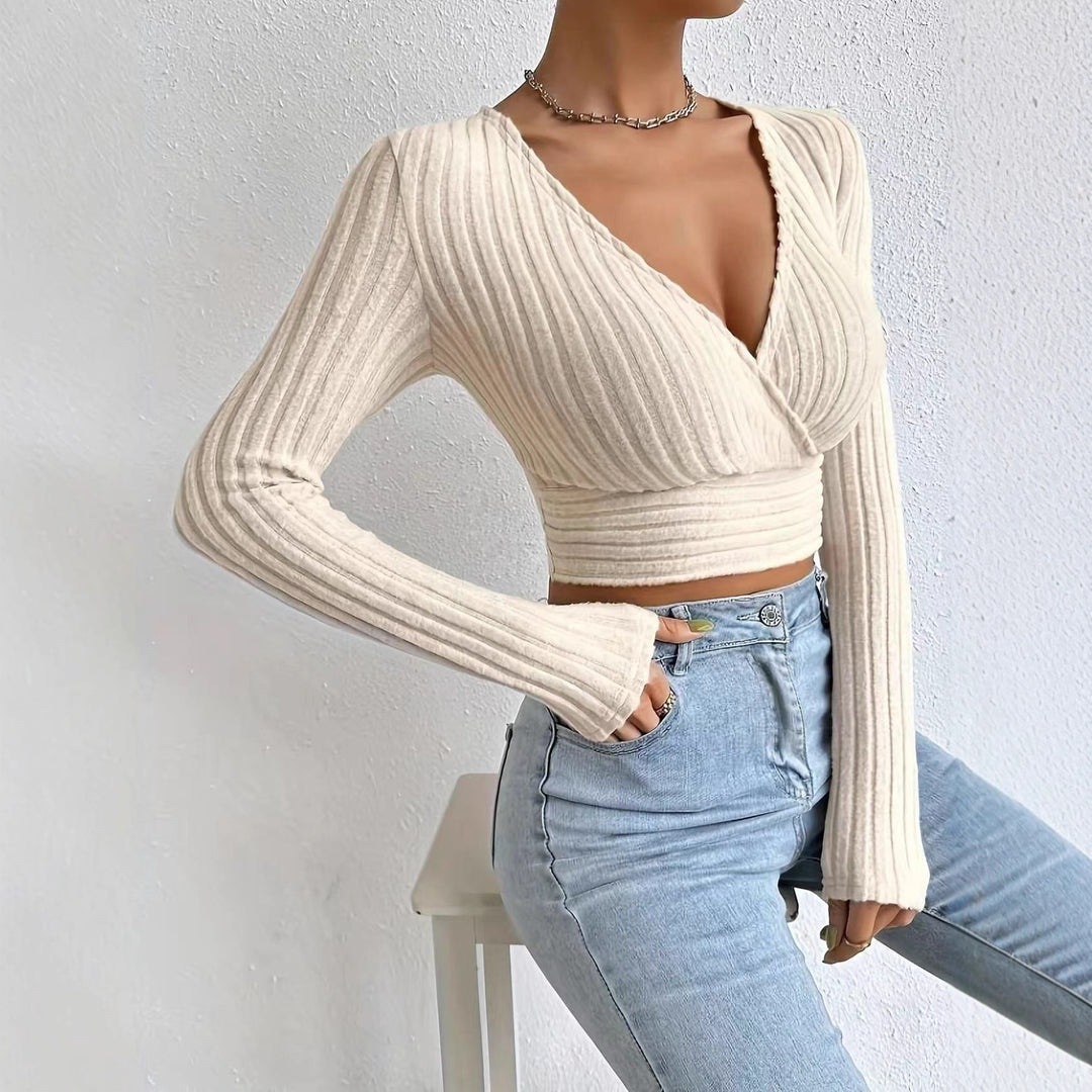 Damen Cropped Pullover mit V-Ausschnitt und raffiniertem Rippendesign Drune