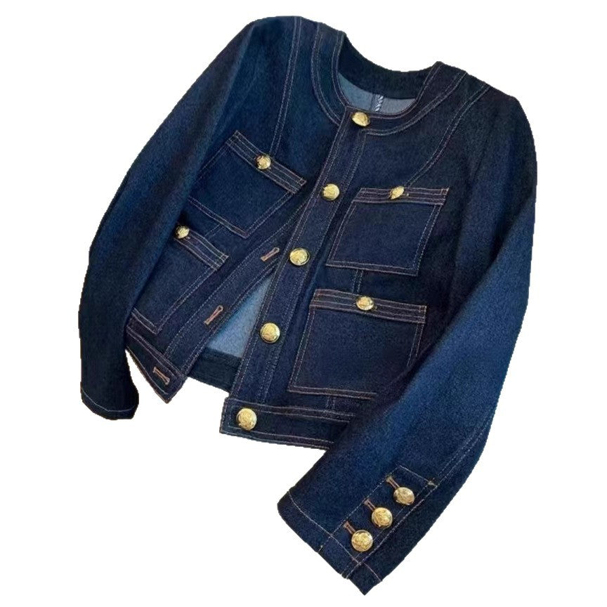 Damen modische Jeansjacke mit goldenen Knopfdetails Drune