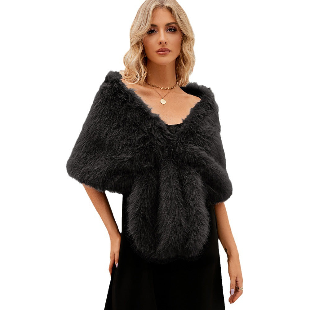Damen Luxuriöser Kunstpelz-Cape mit flauschigem Kragen Drune