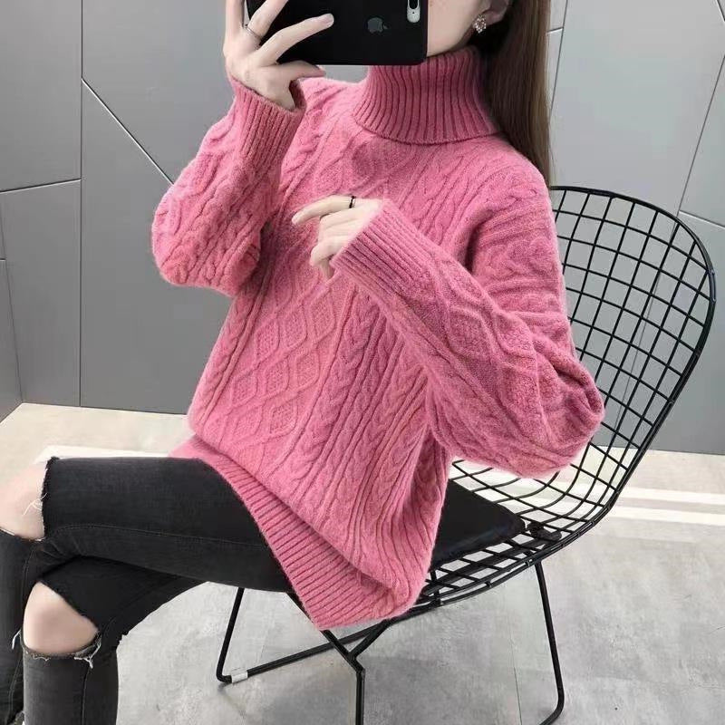Damen Grobstrickpullover mit hohem Kragen und Zopfmuster Drune