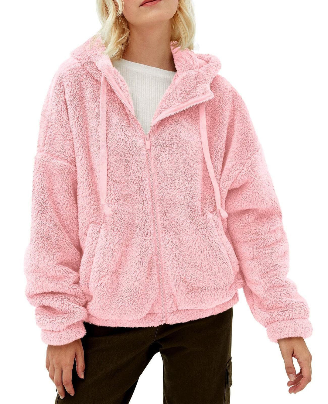 Damen Flauschige Kapuzenjacke mit praktischen Taschen und Reisverschluss Drune