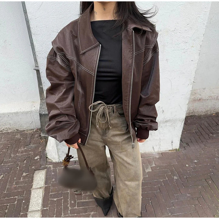 Damen modische Kunstlederjacke mit auffälligem Kragen Drune