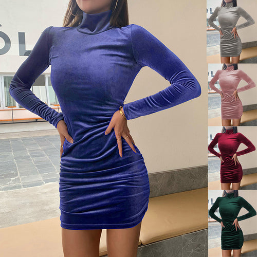 Damen exklusives Samt-Minikleid mit Stehkragen und raffinierten Rüschendetails Drune