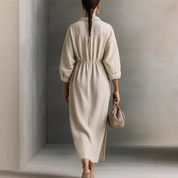 Damen stilvolles Midikleid mit Bindegürtel und klassischem Kragen Drune