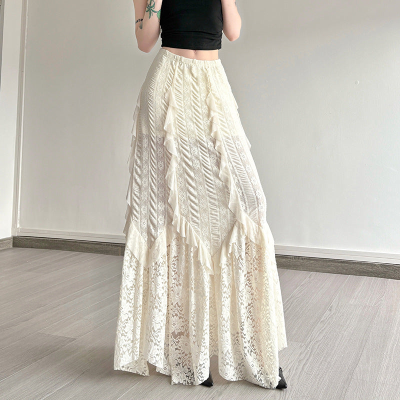 Damen eleganter Maxirock mit raffinierten Rüschen und Spitzenakzenten Drune