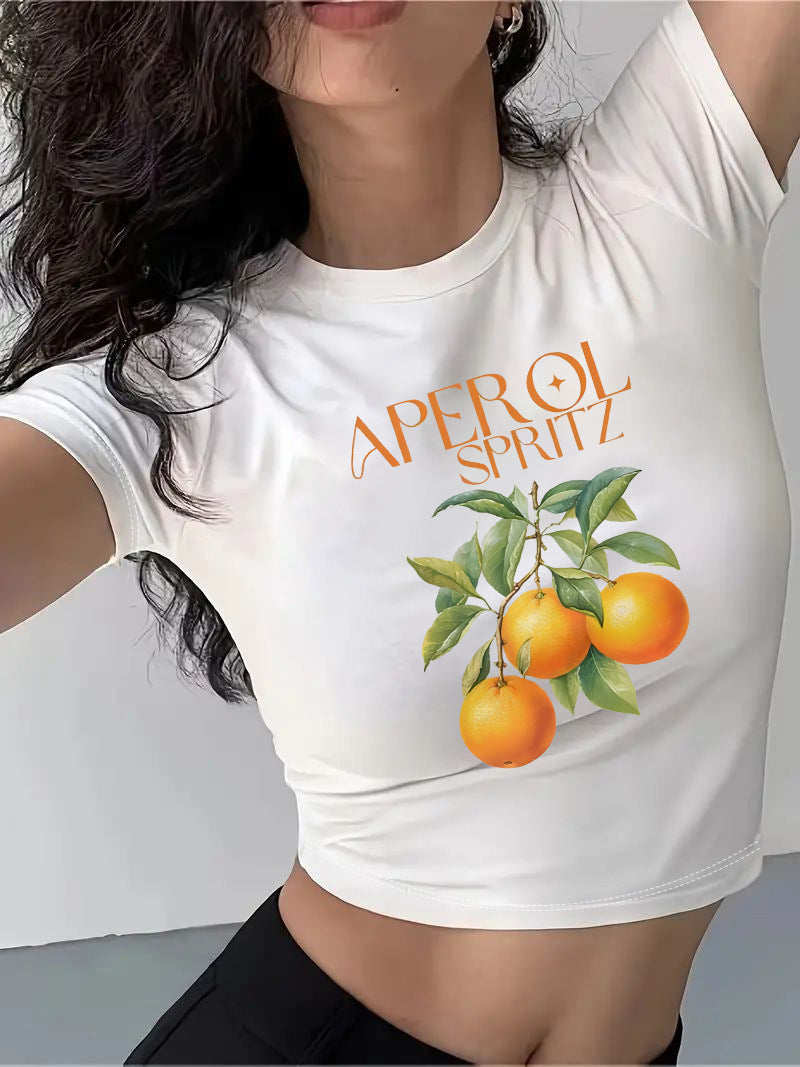 Damen Crop-T-Shirt mit kreativem Motiv und figurbetontem Schnitt Drune