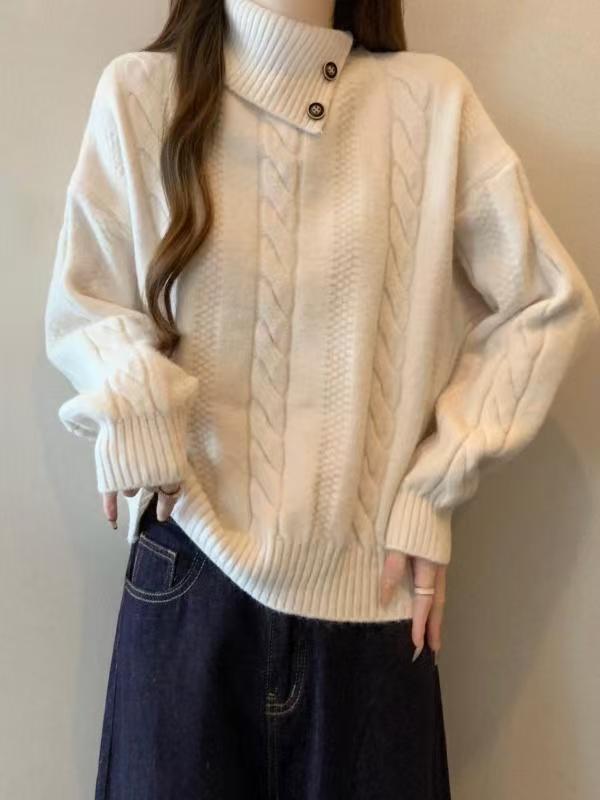 Damen Grobstrickpullover mit hochgeschlossenem Kragen und Knopfdetails Drune