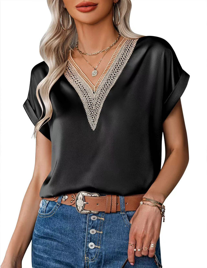 Damen Satin Bluse mit elegantem V-Ausschnitt und raffinierten Spitzenakzenten Drune