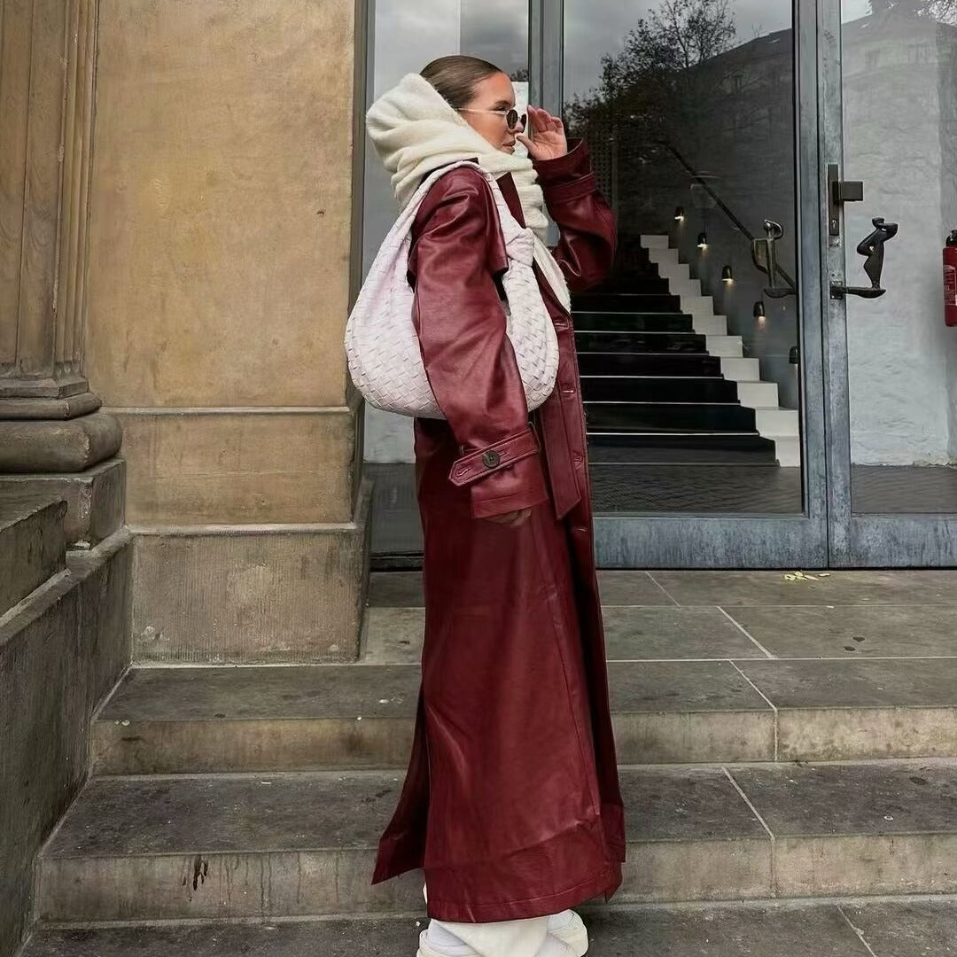 Damen elegante Kunstleder Trenchjacke mit Gürtel und hohen Revers Drune