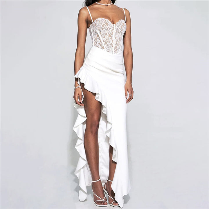 Damen elegantes Spitzen-Maxikleid mit raffinierten Drapierungen Drune