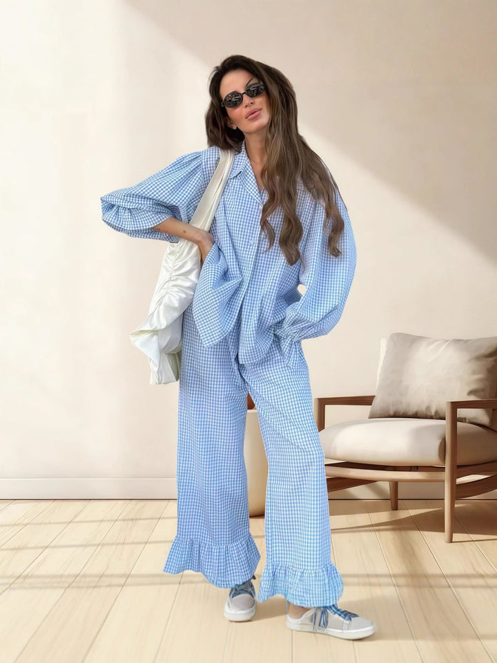 Damen Schlafanzug Set mit einem modernen Karo-Muster und voluminösen Ärmeln Drune