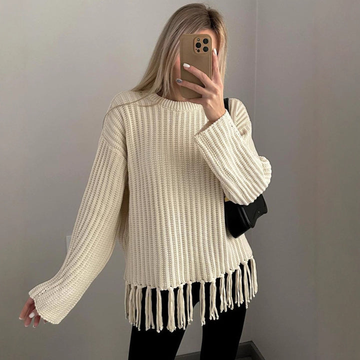 Damen gemütlicher Strickpullover mit Fransen Drune